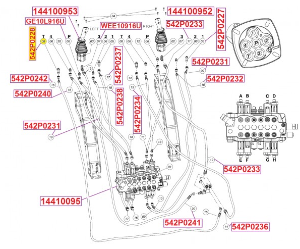 542P0228 Adaptör, Kazıcı valfi Joistik kumanda hortum tesisatı / Adapter